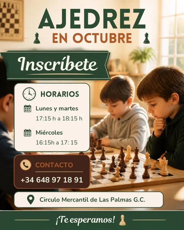 Niños jugando al ajedrez y un cartel con los nuevos horarios de clases.